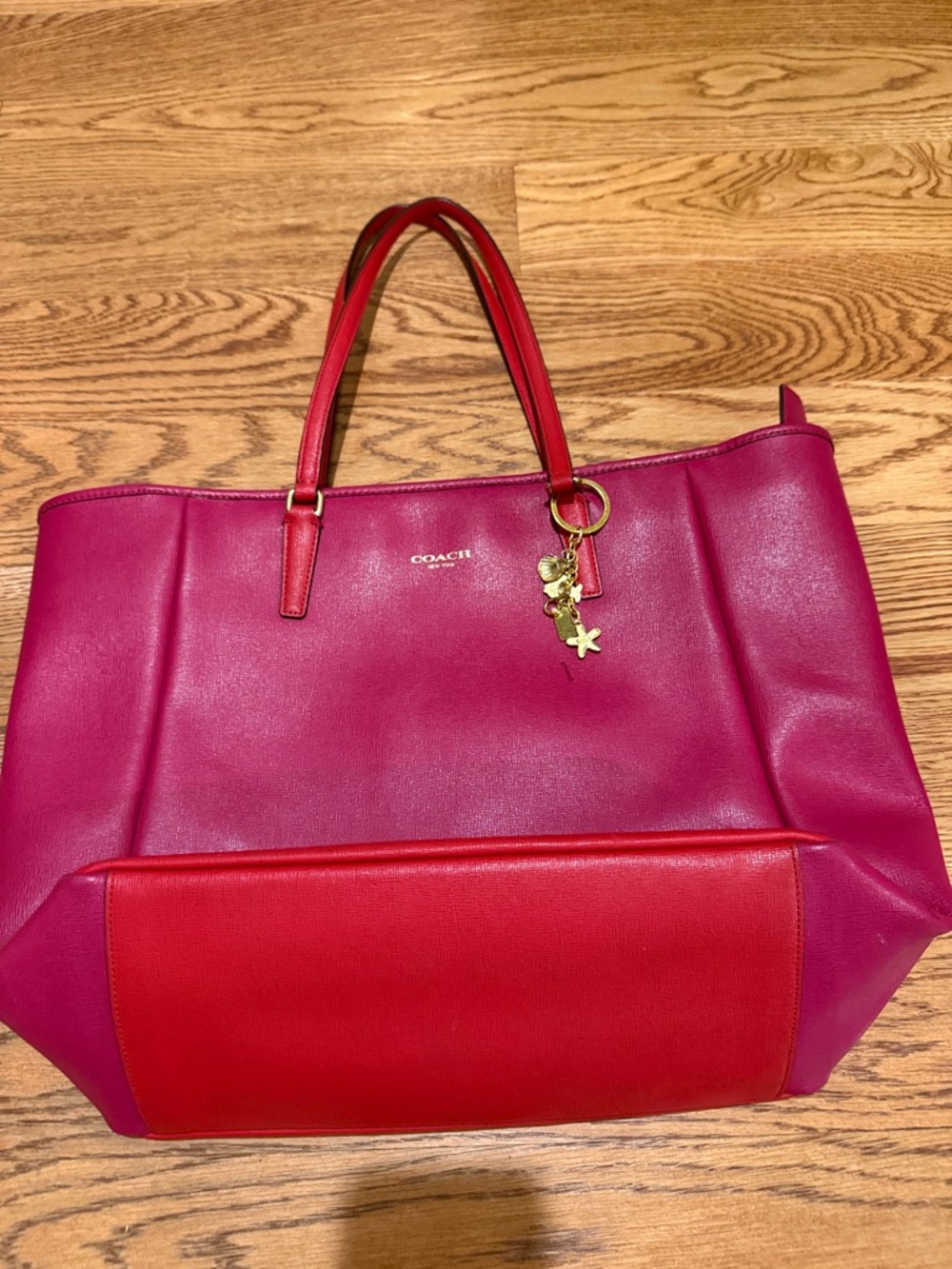 COACH Fuchsia Pink Leather Tote with Gold Charm (small scratch)